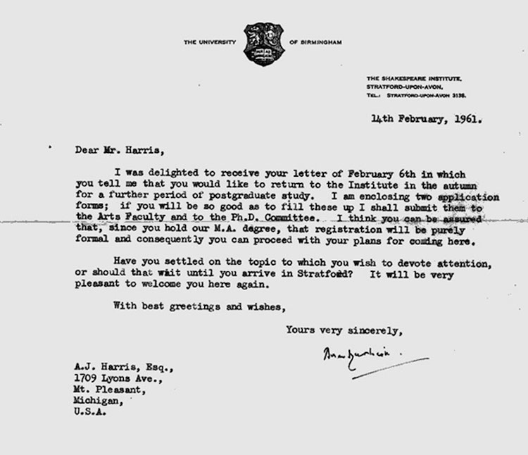 Photo of Letter from Professor Allardyce Nicoll in 1961