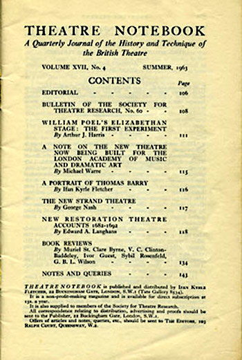 Picture of the cover for the Theater Notebook (XVII, #4, Summer 1963).